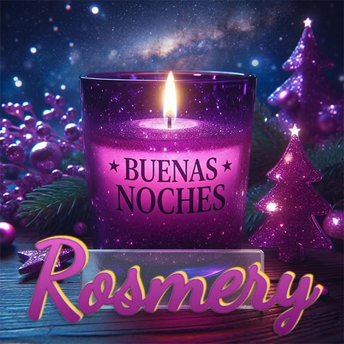 Vela morada brillante dentro de un vaso de vidrio, con la frase 'BUENAS NOCHES', rodeada de adornos festivos brillantes y pequeños árboles de Navidad bajo un cielo nocturno estrellado. El nombre aparece en un marco de vidrio transparente rectangular debajo del vaso. Nombre personalizado: Rosmery. Vela morada brillante dentro de un vaso de vidrio, con la frase 'BUENAS NOCHES', rodeada de adornos festivos brillantes y pequeños árboles de Navidad bajo un cielo nocturno estrellado. El nombre aparece en un marco de vidrio transparente rectangular debajo del vaso. Nombre personalizado: Rosmery.