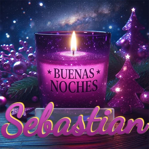 Vela morada brillante dentro de un vaso de vidrio, con la frase 'BUENAS NOCHES', rodeada de adornos festivos brillantes y pequeños árboles de Navidad bajo un cielo nocturno estrellado. El nombre aparece en un marco de vidrio transparente rectangular debajo del vaso. Nombre personalizado: Sebastian. Vela morada brillante dentro de un vaso de vidrio, con la frase 'BUENAS NOCHES', rodeada de adornos festivos brillantes y pequeños árboles de Navidad bajo un cielo nocturno estrellado. El nombre aparece en un marco de vidrio transparente rectangular debajo del vaso. Nombre personalizado: Sebastian.