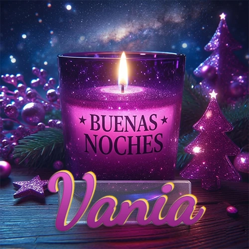 Vela morada brillante dentro de un vaso de vidrio, con la frase 'BUENAS NOCHES', rodeada de adornos festivos brillantes y pequeños árboles de Navidad bajo un cielo nocturno estrellado. El nombre aparece en un marco de vidrio transparente rectangular debajo del vaso. Nombre personalizado: Vania.