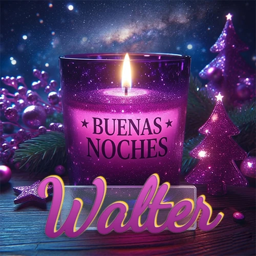 Vela morada brillante dentro de un vaso de vidrio, con la frase 'BUENAS NOCHES', rodeada de adornos festivos brillantes y pequeños árboles de Navidad bajo un cielo nocturno estrellado. El nombre aparece en un marco de vidrio transparente rectangular debajo del vaso. Nombre personalizado: Walter.