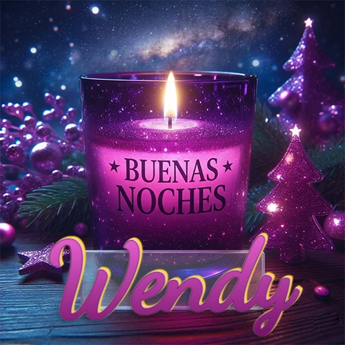 Vela morada brillante dentro de un vaso de vidrio, con la frase 'BUENAS NOCHES', rodeada de adornos festivos brillantes y pequeños árboles de Navidad bajo un cielo nocturno estrellado. El nombre aparece en un marco de vidrio transparente rectangular debajo del vaso. Nombre personalizado: Wendy. Vela morada brillante dentro de un vaso de vidrio, con la frase 'BUENAS NOCHES', rodeada de adornos festivos brillantes y pequeños árboles de Navidad bajo un cielo nocturno estrellado. El nombre aparece en un marco de vidrio transparente rectangular debajo del vaso. Nombre personalizado: Wendy.