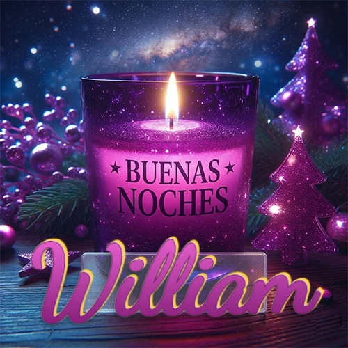 Vela morada brillante dentro de un vaso de vidrio, con la frase 'BUENAS NOCHES', rodeada de adornos festivos brillantes y pequeños árboles de Navidad bajo un cielo nocturno estrellado. El nombre aparece en un marco de vidrio transparente rectangular debajo del vaso. Nombre personalizado: William.