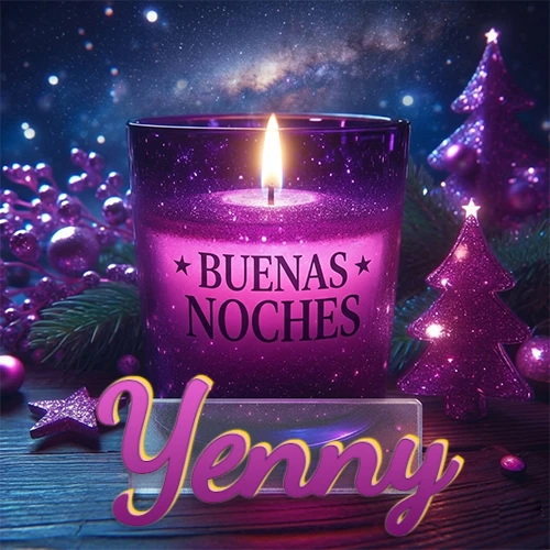 Vela morada brillante dentro de un vaso de vidrio, con la frase 'BUENAS NOCHES', rodeada de adornos festivos brillantes y pequeños árboles de Navidad bajo un cielo nocturno estrellado. El nombre aparece en un marco de vidrio transparente rectangular debajo del vaso. Nombre personalizado: Yenny.