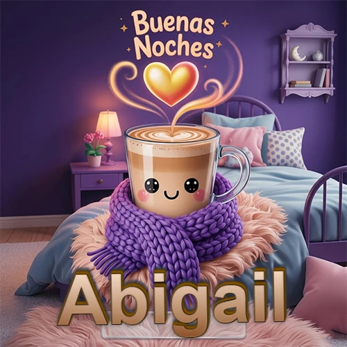 Taza de café caliente (latte) con un corazón dibujado, usando una bufanda de lana morada al estilo 'kawaii', dentro de una habitación cálida de tonos violetas con la frase 'Buenas Noches' y un corazón dorado brillante arriba. El nombre está escrito en la parte inferior frente a la bufanda. Nombre personalizado: Abigail. Taza de café caliente (latte) con un corazón dibujado, usando una bufanda de lana morada al estilo 'kawaii', dentro de una habitación cálida de tonos violetas con la frase 'Buenas Noches' y un corazón dorado brillante arriba. El nombre está escrito en la parte inferior frente a la bufanda. Nombre personalizado: Abigail.