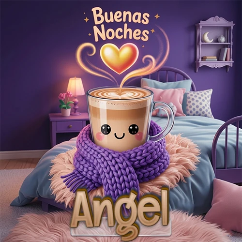 Taza de café caliente (latte) con un corazón dibujado, usando una bufanda de lana morada al estilo 'kawaii', dentro de una habitación cálida de tonos violetas con la frase 'Buenas Noches' y un corazón dorado brillante arriba. El nombre está escrito en la parte inferior frente a la bufanda. Nombre personalizado: Angel. Taza de café caliente (latte) con un corazón dibujado, usando una bufanda de lana morada al estilo 'kawaii', dentro de una habitación cálida de tonos violetas con la frase 'Buenas Noches' y un corazón dorado brillante arriba. El nombre está escrito en la parte inferior frente a la bufanda. Nombre personalizado: Angel.
