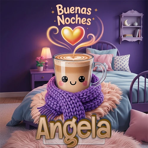 Taza de café caliente (latte) con un corazón dibujado, usando una bufanda de lana morada al estilo 'kawaii', dentro de una habitación cálida de tonos violetas con la frase 'Buenas Noches' y un corazón dorado brillante arriba. El nombre está escrito en la parte inferior frente a la bufanda. Nombre personalizado: Angela. Taza de café caliente (latte) con un corazón dibujado, usando una bufanda de lana morada al estilo 'kawaii', dentro de una habitación cálida de tonos violetas con la frase 'Buenas Noches' y un corazón dorado brillante arriba. El nombre está escrito en la parte inferior frente a la bufanda. Nombre personalizado: Angela.