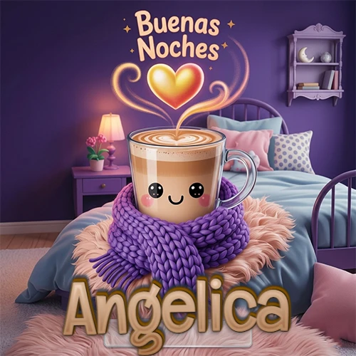Taza de café caliente (latte) con un corazón dibujado, usando una bufanda de lana morada al estilo 'kawaii', dentro de una habitación cálida de tonos violetas con la frase 'Buenas Noches' y un corazón dorado brillante arriba. El nombre está escrito en la parte inferior frente a la bufanda. Nombre personalizado: Angelica. Taza de café caliente (latte) con un corazón dibujado, usando una bufanda de lana morada al estilo 'kawaii', dentro de una habitación cálida de tonos violetas con la frase 'Buenas Noches' y un corazón dorado brillante arriba. El nombre está escrito en la parte inferior frente a la bufanda. Nombre personalizado: Angelica.