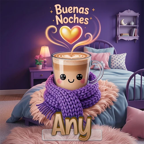 Taza de café caliente (latte) con un corazón dibujado, usando una bufanda de lana morada al estilo 'kawaii', dentro de una habitación cálida de tonos violetas con la frase 'Buenas Noches' y un corazón dorado brillante arriba. El nombre está escrito en la parte inferior frente a la bufanda. Nombre personalizado: Any. Taza de café caliente (latte) con un corazón dibujado, usando una bufanda de lana morada al estilo 'kawaii', dentro de una habitación cálida de tonos violetas con la frase 'Buenas Noches' y un corazón dorado brillante arriba. El nombre está escrito en la parte inferior frente a la bufanda. Nombre personalizado: Any.