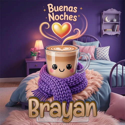 Taza de café caliente (latte) con un corazón dibujado, usando una bufanda de lana morada al estilo 'kawaii', dentro de una habitación cálida de tonos violetas con la frase 'Buenas Noches' y un corazón dorado brillante arriba. El nombre está escrito en la parte inferior frente a la bufanda. Nombre personalizado: Brayan.