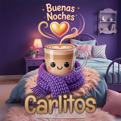 Taza de café caliente (latte) con un corazón dibujado, usando una bufanda de lana morada al estilo 'kawaii', dentro de una habitación cálida de tonos violetas con la frase 'Buenas Noches' y un corazón dorado brillante arriba. El nombre está escrito en la parte inferior frente a la bufanda. Nombre personalizado: Carlitos. Taza de café caliente (latte) con un corazón dibujado, usando una bufanda de lana morada al estilo 'kawaii', dentro de una habitación cálida de tonos violetas con la frase 'Buenas Noches' y un corazón dorado brillante arriba. El nombre está escrito en la parte inferior frente a la bufanda. Nombre personalizado: Carlitos.