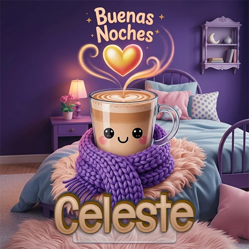 Taza de café caliente (latte) con un corazón dibujado, usando una bufanda de lana morada al estilo 'kawaii', dentro de una habitación cálida de tonos violetas con la frase 'Buenas Noches' y un corazón dorado brillante arriba. El nombre está escrito en la parte inferior frente a la bufanda. Nombre personalizado: Celeste.