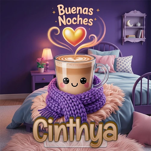 Taza de café caliente (latte) con un corazón dibujado, usando una bufanda de lana morada al estilo 'kawaii', dentro de una habitación cálida de tonos violetas con la frase 'Buenas Noches' y un corazón dorado brillante arriba. El nombre está escrito en la parte inferior frente a la bufanda. Nombre personalizado: Cinthya.