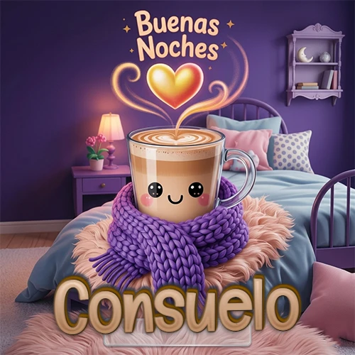 Taza de café caliente (latte) con un corazón dibujado, usando una bufanda de lana morada al estilo 'kawaii', dentro de una habitación cálida de tonos violetas con la frase 'Buenas Noches' y un corazón dorado brillante arriba. El nombre está escrito en la parte inferior frente a la bufanda. Nombre personalizado: Consuelo.