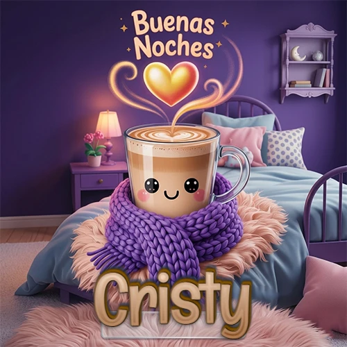 Taza de café caliente (latte) con un corazón dibujado, usando una bufanda de lana morada al estilo 'kawaii', dentro de una habitación cálida de tonos violetas con la frase 'Buenas Noches' y un corazón dorado brillante arriba. El nombre está escrito en la parte inferior frente a la bufanda. Nombre personalizado: Cristy. Taza de café caliente (latte) con un corazón dibujado, usando una bufanda de lana morada al estilo 'kawaii', dentro de una habitación cálida de tonos violetas con la frase 'Buenas Noches' y un corazón dorado brillante arriba. El nombre está escrito en la parte inferior frente a la bufanda. Nombre personalizado: Cristy.