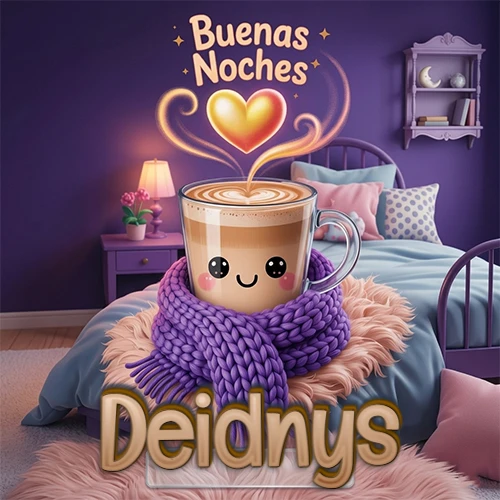 Taza de café caliente (latte) con un corazón dibujado, usando una bufanda de lana morada al estilo 'kawaii', dentro de una habitación cálida de tonos violetas con la frase 'Buenas Noches' y un corazón dorado brillante arriba. El nombre está escrito en la parte inferior frente a la bufanda. Nombre personalizado: Deidnys. Taza de café caliente (latte) con un corazón dibujado, usando una bufanda de lana morada al estilo 'kawaii', dentro de una habitación cálida de tonos violetas con la frase 'Buenas Noches' y un corazón dorado brillante arriba. El nombre está escrito en la parte inferior frente a la bufanda. Nombre personalizado: Deidnys.