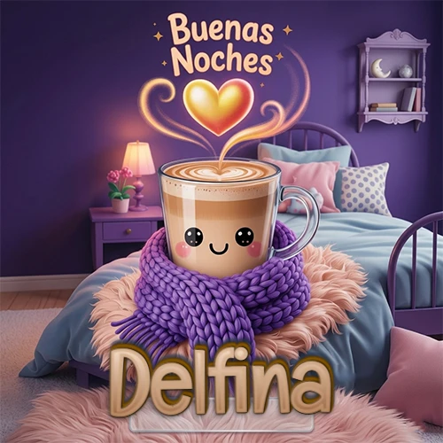 Taza de café caliente (latte) con un corazón dibujado, usando una bufanda de lana morada al estilo 'kawaii', dentro de una habitación cálida de tonos violetas con la frase 'Buenas Noches' y un corazón dorado brillante arriba. El nombre está escrito en la parte inferior frente a la bufanda. Nombre personalizado: Delfina. Taza de café caliente (latte) con un corazón dibujado, usando una bufanda de lana morada al estilo 'kawaii', dentro de una habitación cálida de tonos violetas con la frase 'Buenas Noches' y un corazón dorado brillante arriba. El nombre está escrito en la parte inferior frente a la bufanda. Nombre personalizado: Delfina.