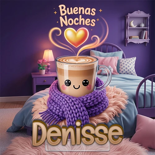 Taza de café caliente (latte) con un corazón dibujado, usando una bufanda de lana morada al estilo 'kawaii', dentro de una habitación cálida de tonos violetas con la frase 'Buenas Noches' y un corazón dorado brillante arriba. El nombre está escrito en la parte inferior frente a la bufanda. Nombre personalizado: Denisse.