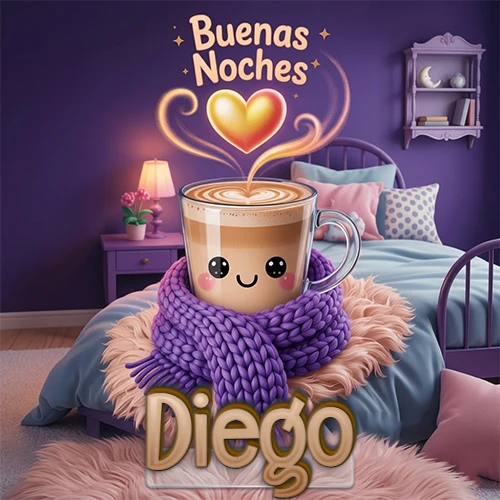 Taza de café caliente (latte) con un corazón dibujado, usando una bufanda de lana morada al estilo 'kawaii', dentro de una habitación cálida de tonos violetas con la frase 'Buenas Noches' y un corazón dorado brillante arriba. El nombre está escrito en la parte inferior frente a la bufanda. Nombre personalizado: Diego.