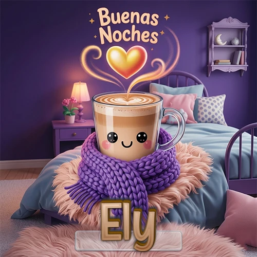 Taza de café caliente (latte) con un corazón dibujado, usando una bufanda de lana morada al estilo 'kawaii', dentro de una habitación cálida de tonos violetas con la frase 'Buenas Noches' y un corazón dorado brillante arriba. El nombre está escrito en la parte inferior frente a la bufanda. Nombre personalizado: Ely.