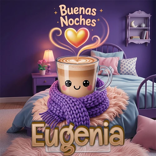 Taza de café caliente (latte) con un corazón dibujado, usando una bufanda de lana morada al estilo 'kawaii', dentro de una habitación cálida de tonos violetas con la frase 'Buenas Noches' y un corazón dorado brillante arriba. El nombre está escrito en la parte inferior frente a la bufanda. Nombre personalizado: Eugenia.