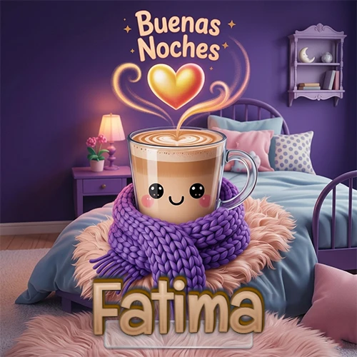 Taza de café caliente (latte) con un corazón dibujado, usando una bufanda de lana morada al estilo 'kawaii', dentro de una habitación cálida de tonos violetas con la frase 'Buenas Noches' y un corazón dorado brillante arriba. El nombre está escrito en la parte inferior frente a la bufanda. Nombre personalizado: Fatima.