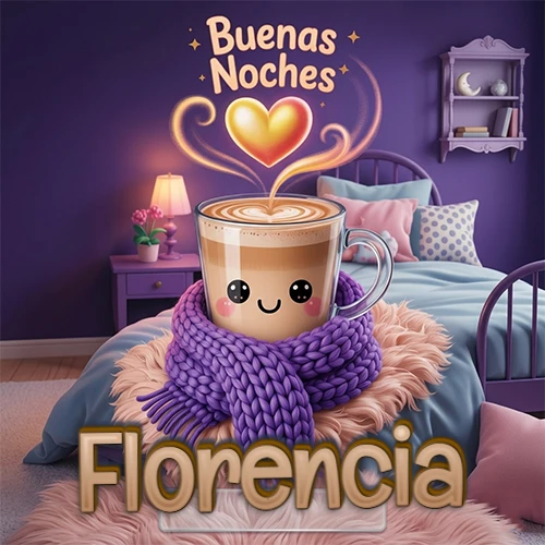 Taza de café caliente (latte) con un corazón dibujado, usando una bufanda de lana morada al estilo 'kawaii', dentro de una habitación cálida de tonos violetas con la frase 'Buenas Noches' y un corazón dorado brillante arriba. El nombre está escrito en la parte inferior frente a la bufanda. Nombre personalizado: Florencia.