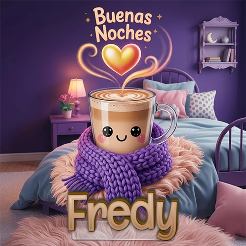 Taza de café caliente (latte) con un corazón dibujado, usando una bufanda de lana morada al estilo 'kawaii', dentro de una habitación cálida de tonos violetas con la frase 'Buenas Noches' y un corazón dorado brillante arriba. El nombre está escrito en la parte inferior frente a la bufanda. Nombre personalizado: Fredy.