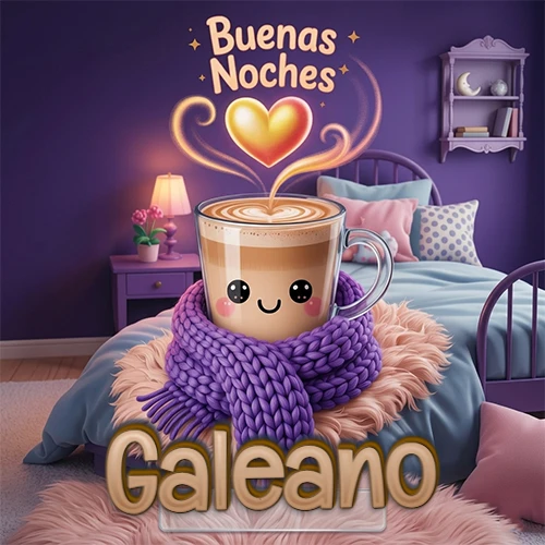 Taza de café caliente (latte) con un corazón dibujado, usando una bufanda de lana morada al estilo 'kawaii', dentro de una habitación cálida de tonos violetas con la frase 'Buenas Noches' y un corazón dorado brillante arriba. El nombre está escrito en la parte inferior frente a la bufanda. Nombre personalizado: Galeano.