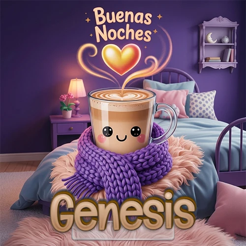 Taza de café caliente (latte) con un corazón dibujado, usando una bufanda de lana morada al estilo 'kawaii', dentro de una habitación cálida de tonos violetas con la frase 'Buenas Noches' y un corazón dorado brillante arriba. El nombre está escrito en la parte inferior frente a la bufanda. Nombre personalizado: Genesis.