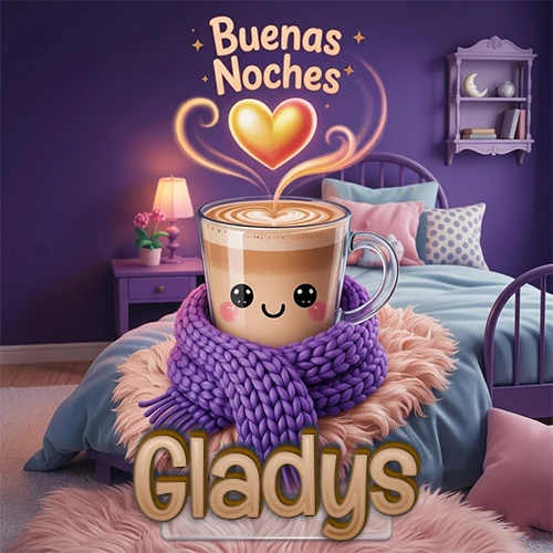Taza de café caliente (latte) con un corazón dibujado, usando una bufanda de lana morada al estilo 'kawaii', dentro de una habitación cálida de tonos violetas con la frase 'Buenas Noches' y un corazón dorado brillante arriba. El nombre está escrito en la parte inferior frente a la bufanda. Nombre personalizado: Gladys.