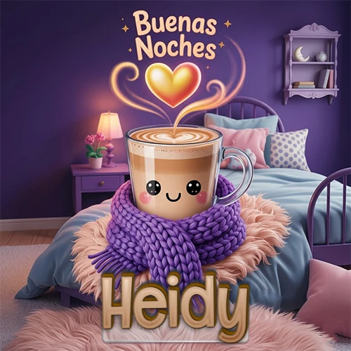 Taza de café caliente (latte) con un corazón dibujado, usando una bufanda de lana morada al estilo 'kawaii', dentro de una habitación cálida de tonos violetas con la frase 'Buenas Noches' y un corazón dorado brillante arriba. El nombre está escrito en la parte inferior frente a la bufanda. Nombre personalizado: Heidy.