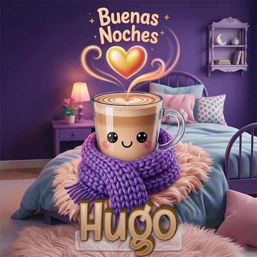 Taza de café caliente (latte) con un corazón dibujado, usando una bufanda de lana morada al estilo 'kawaii', dentro de una habitación cálida de tonos violetas con la frase 'Buenas Noches' y un corazón dorado brillante arriba. El nombre está escrito en la parte inferior frente a la bufanda. Nombre personalizado: Hugo.