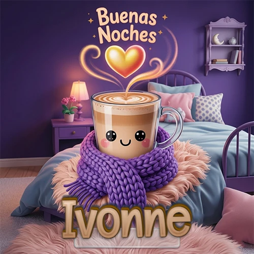 Taza de café caliente (latte) con un corazón dibujado, usando una bufanda de lana morada al estilo 'kawaii', dentro de una habitación cálida de tonos violetas con la frase 'Buenas Noches' y un corazón dorado brillante arriba. El nombre está escrito en la parte inferior frente a la bufanda. Nombre personalizado: Ivonne.