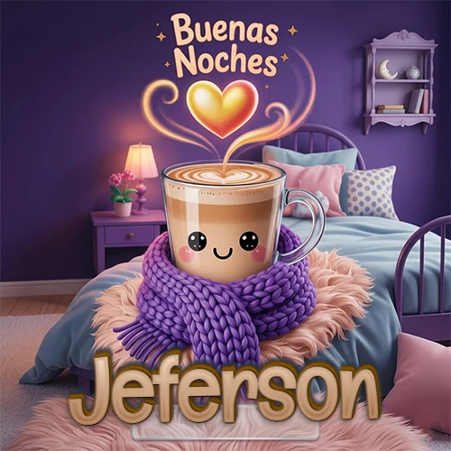 Taza de café caliente (latte) con un corazón dibujado, usando una bufanda de lana morada al estilo 'kawaii', dentro de una habitación cálida de tonos violetas con la frase 'Buenas Noches' y un corazón dorado brillante arriba. El nombre está escrito en la parte inferior frente a la bufanda. Nombre personalizado: Jeferson.