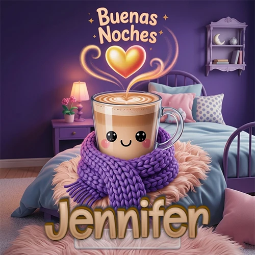 Taza de café caliente (latte) con un corazón dibujado, usando una bufanda de lana morada al estilo 'kawaii', dentro de una habitación cálida de tonos violetas con la frase 'Buenas Noches' y un corazón dorado brillante arriba. El nombre está escrito en la parte inferior frente a la bufanda. Nombre personalizado: Jennifer.