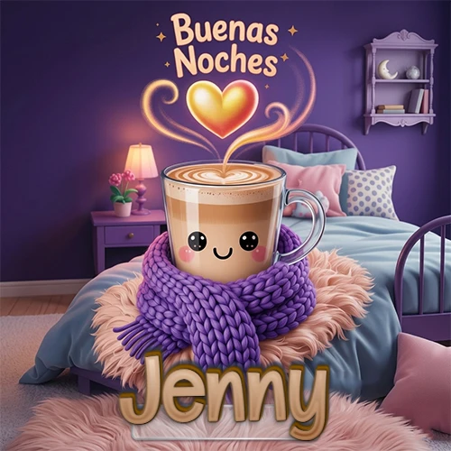 Taza de café caliente (latte) con un corazón dibujado, usando una bufanda de lana morada al estilo 'kawaii', dentro de una habitación cálida de tonos violetas con la frase 'Buenas Noches' y un corazón dorado brillante arriba. El nombre está escrito en la parte inferior frente a la bufanda. Nombre personalizado: Jenny.