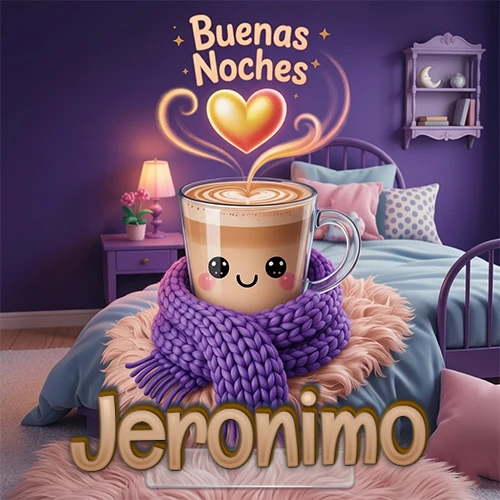 Taza de café caliente (latte) con un corazón dibujado, usando una bufanda de lana morada al estilo 'kawaii', dentro de una habitación cálida de tonos violetas con la frase 'Buenas Noches' y un corazón dorado brillante arriba. El nombre está escrito en la parte inferior frente a la bufanda. Nombre personalizado: Jeronimo.
