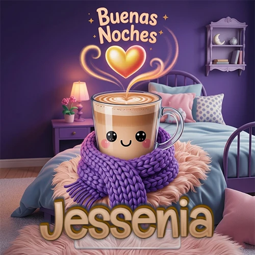 Taza de café caliente (latte) con un corazón dibujado, usando una bufanda de lana morada al estilo 'kawaii', dentro de una habitación cálida de tonos violetas con la frase 'Buenas Noches' y un corazón dorado brillante arriba. El nombre está escrito en la parte inferior frente a la bufanda. Nombre personalizado: Jessenia. Taza de café caliente (latte) con un corazón dibujado, usando una bufanda de lana morada al estilo 'kawaii', dentro de una habitación cálida de tonos violetas con la frase 'Buenas Noches' y un corazón dorado brillante arriba. El nombre está escrito en la parte inferior frente a la bufanda. Nombre personalizado: Jessenia.