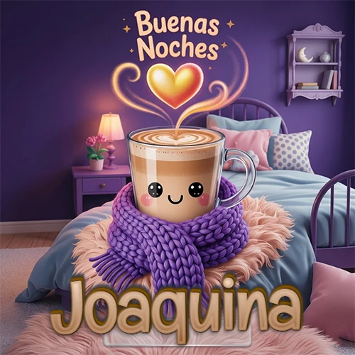 Taza de café caliente (latte) con un corazón dibujado, usando una bufanda de lana morada al estilo 'kawaii', dentro de una habitación cálida de tonos violetas con la frase 'Buenas Noches' y un corazón dorado brillante arriba. El nombre está escrito en la parte inferior frente a la bufanda. Nombre personalizado: Joaquina.