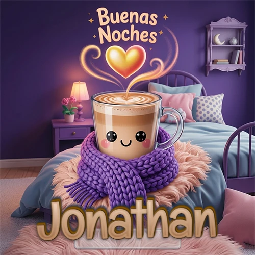 Taza de café caliente (latte) con un corazón dibujado, usando una bufanda de lana morada al estilo 'kawaii', dentro de una habitación cálida de tonos violetas con la frase 'Buenas Noches' y un corazón dorado brillante arriba. El nombre está escrito en la parte inferior frente a la bufanda. Nombre personalizado: Jonathan.