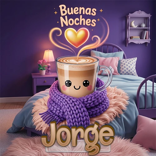 Taza de café caliente (latte) con un corazón dibujado, usando una bufanda de lana morada al estilo 'kawaii', dentro de una habitación cálida de tonos violetas con la frase 'Buenas Noches' y un corazón dorado brillante arriba. El nombre está escrito en la parte inferior frente a la bufanda. Nombre personalizado: Jorge.