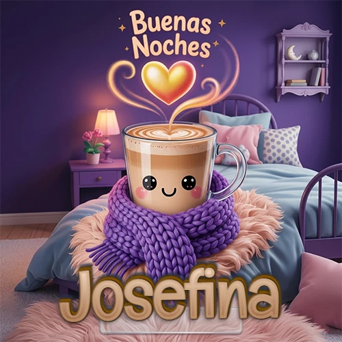 Taza de café caliente (latte) con un corazón dibujado, usando una bufanda de lana morada al estilo 'kawaii', dentro de una habitación cálida de tonos violetas con la frase 'Buenas Noches' y un corazón dorado brillante arriba. El nombre está escrito en la parte inferior frente a la bufanda. Nombre personalizado: Josefina.