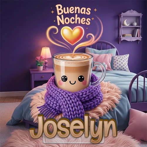 Taza de café caliente (latte) con un corazón dibujado, usando una bufanda de lana morada al estilo 'kawaii', dentro de una habitación cálida de tonos violetas con la frase 'Buenas Noches' y un corazón dorado brillante arriba. El nombre está escrito en la parte inferior frente a la bufanda. Nombre personalizado: Joselyn. Taza de café caliente (latte) con un corazón dibujado, usando una bufanda de lana morada al estilo 'kawaii', dentro de una habitación cálida de tonos violetas con la frase 'Buenas Noches' y un corazón dorado brillante arriba. El nombre está escrito en la parte inferior frente a la bufanda. Nombre personalizado: Joselyn.