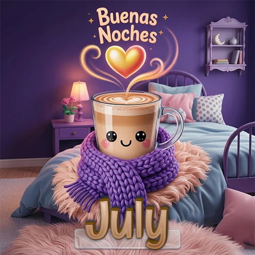Taza de café caliente (latte) con un corazón dibujado, usando una bufanda de lana morada al estilo 'kawaii', dentro de una habitación cálida de tonos violetas con la frase 'Buenas Noches' y un corazón dorado brillante arriba. El nombre está escrito en la parte inferior frente a la bufanda. Nombre personalizado: July.