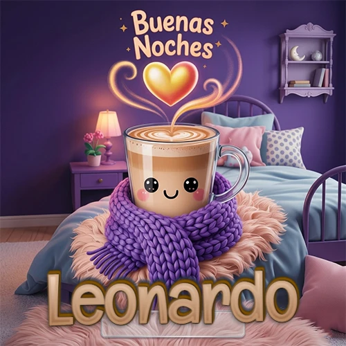 Taza de café caliente (latte) con un corazón dibujado, usando una bufanda de lana morada al estilo 'kawaii', dentro de una habitación cálida de tonos violetas con la frase 'Buenas Noches' y un corazón dorado brillante arriba. El nombre está escrito en la parte inferior frente a la bufanda. Nombre personalizado: Leonardo.
