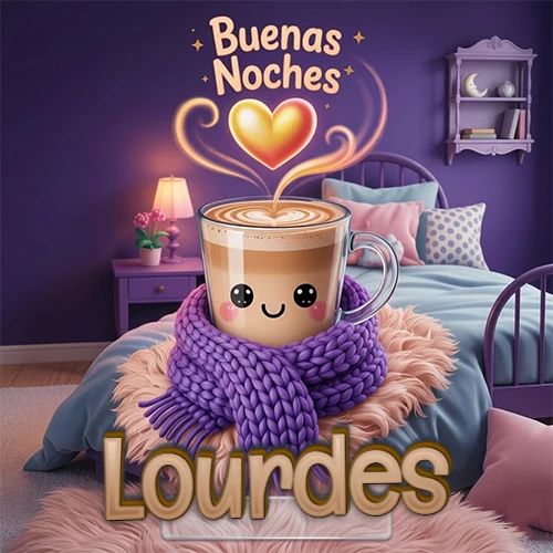 Taza de café caliente (latte) con un corazón dibujado, usando una bufanda de lana morada al estilo 'kawaii', dentro de una habitación cálida de tonos violetas con la frase 'Buenas Noches' y un corazón dorado brillante arriba. El nombre está escrito en la parte inferior frente a la bufanda. Nombre personalizado: Lourdes. Taza de café caliente (latte) con un corazón dibujado, usando una bufanda de lana morada al estilo 'kawaii', dentro de una habitación cálida de tonos violetas con la frase 'Buenas Noches' y un corazón dorado brillante arriba. El nombre está escrito en la parte inferior frente a la bufanda. Nombre personalizado: Lourdes.