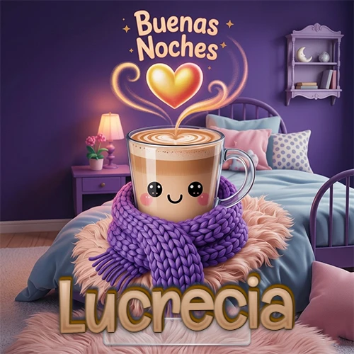 Taza de café caliente (latte) con un corazón dibujado, usando una bufanda de lana morada al estilo 'kawaii', dentro de una habitación cálida de tonos violetas con la frase 'Buenas Noches' y un corazón dorado brillante arriba. El nombre está escrito en la parte inferior frente a la bufanda. Nombre personalizado: Lucrecia. Taza de café caliente (latte) con un corazón dibujado, usando una bufanda de lana morada al estilo 'kawaii', dentro de una habitación cálida de tonos violetas con la frase 'Buenas Noches' y un corazón dorado brillante arriba. El nombre está escrito en la parte inferior frente a la bufanda. Nombre personalizado: Lucrecia.