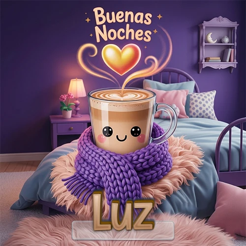 Taza de café caliente (latte) con un corazón dibujado, usando una bufanda de lana morada al estilo 'kawaii', dentro de una habitación cálida de tonos violetas con la frase 'Buenas Noches' y un corazón dorado brillante arriba. El nombre está escrito en la parte inferior frente a la bufanda. Nombre personalizado: Luz. Taza de café caliente (latte) con un corazón dibujado, usando una bufanda de lana morada al estilo 'kawaii', dentro de una habitación cálida de tonos violetas con la frase 'Buenas Noches' y un corazón dorado brillante arriba. El nombre está escrito en la parte inferior frente a la bufanda. Nombre personalizado: Luz.