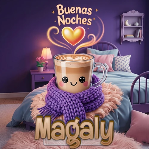 Taza de café caliente (latte) con un corazón dibujado, usando una bufanda de lana morada al estilo 'kawaii', dentro de una habitación cálida de tonos violetas con la frase 'Buenas Noches' y un corazón dorado brillante arriba. El nombre está escrito en la parte inferior frente a la bufanda. Nombre personalizado: Magaly. Taza de café caliente (latte) con un corazón dibujado, usando una bufanda de lana morada al estilo 'kawaii', dentro de una habitación cálida de tonos violetas con la frase 'Buenas Noches' y un corazón dorado brillante arriba. El nombre está escrito en la parte inferior frente a la bufanda. Nombre personalizado: Magaly.