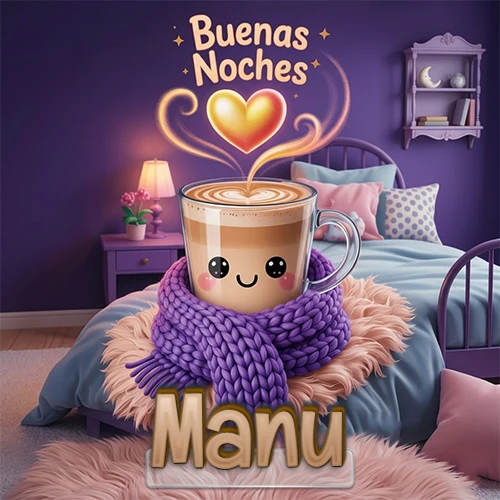Taza de café caliente (latte) con un corazón dibujado, usando una bufanda de lana morada al estilo 'kawaii', dentro de una habitación cálida de tonos violetas con la frase 'Buenas Noches' y un corazón dorado brillante arriba. El nombre está escrito en la parte inferior frente a la bufanda. Nombre personalizado: Manu. Taza de café caliente (latte) con un corazón dibujado, usando una bufanda de lana morada al estilo 'kawaii', dentro de una habitación cálida de tonos violetas con la frase 'Buenas Noches' y un corazón dorado brillante arriba. El nombre está escrito en la parte inferior frente a la bufanda. Nombre personalizado: Manu.